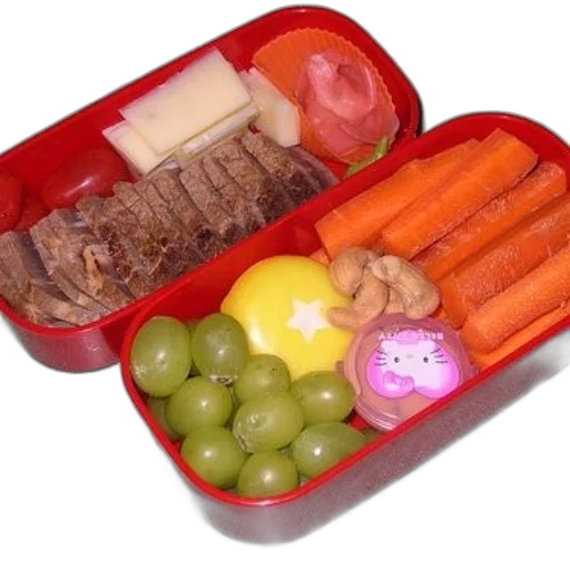 food, bento, box, filled, grapes, carrots, cheese, meat transparent PNG cut-out