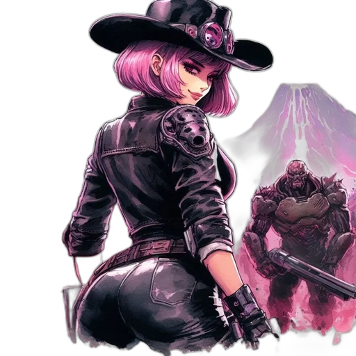 hat, weapon, concept art, cyberpunk, comic book art, fantasy art, fire, dark transparent PNG cut-out
