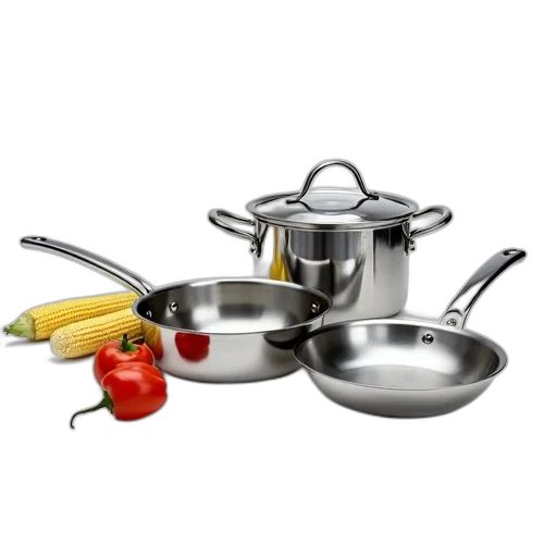 food, 3d render, photorealistic, set, stainless, steel, cookware, modern transparent PNG cut-out