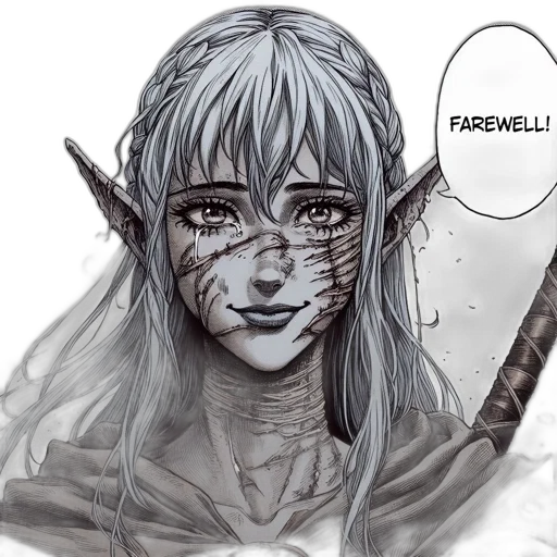 face, fantasy art, comic book art, concept art, anime, monochrome, elven, character transparent PNG cut-out