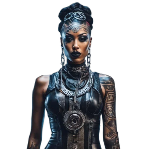 jewelry, dress, cyberpunk, concept art, comic book art, fantasy art, dark, woman transparent PNG cut-out