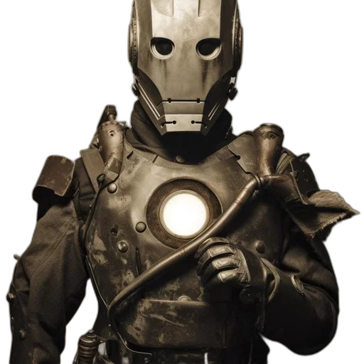 mask, robot, face, jacket, concept art, 3d render, comic book art, earth tones transparent PNG cut-out