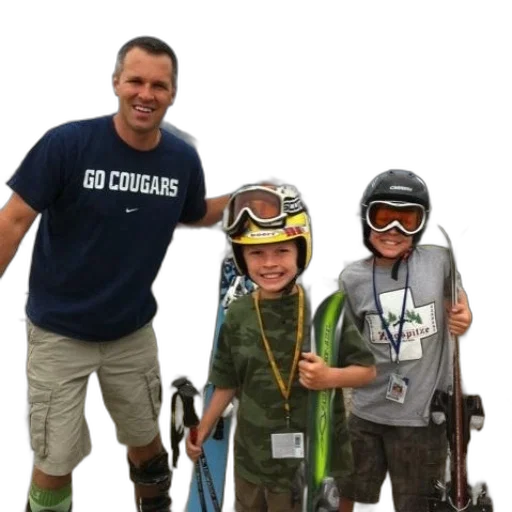 man, two, children, pose, their, snowboards, mountain transparent PNG cut-out