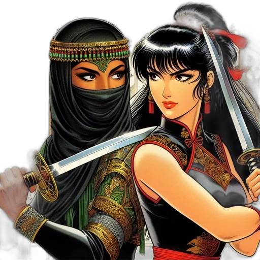 sword, weapon, comic book art, fantasy art, concept art, anime, two, female transparent PNG cut-out