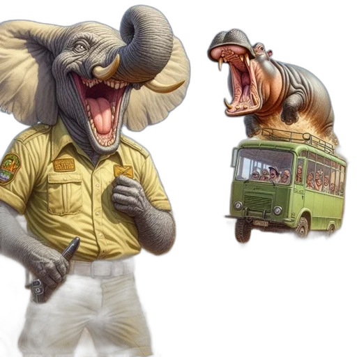 animal, creature, concept art, photorealistic, elephant-ranger, roaring, hippopotamus, cause transparent PNG cut-out