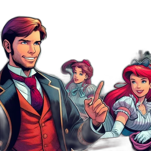 comic book art, concept art, three, animated, characters, man, suit, woman transparent PNG cut-out
