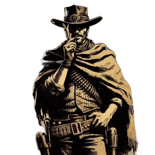 weapon, jacket, comic book art, concept art, cartoon, cowboy, stands, foreground transparent PNG cut-out