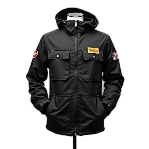 jacket, black, camouflage, pattern, hood, displayed, against, white transparent PNG cut-out
