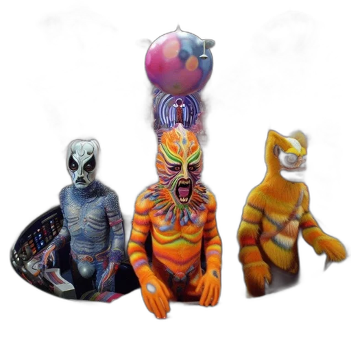 mask, creature, concept art, 3d render, fantasy art, outer space, group, diverse transparent PNG cut-out