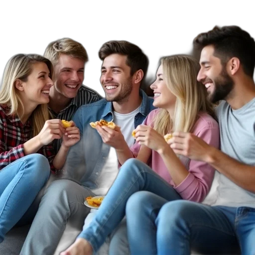 food, furniture, face, fire, group, five, young, people transparent PNG cut-out