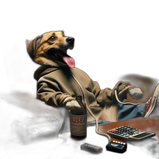 concept art, photorealistic, 3d render, cyberpunk, dog, hoodie, jeans, relaxes transparent PNG cut-out