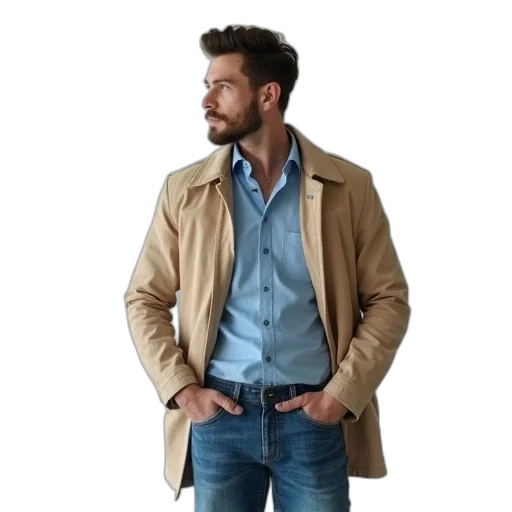 jacket, earth tones, man, wearing, beige, over, blue, shirt transparent PNG cut-out