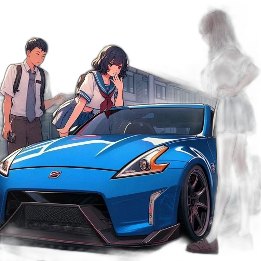 car, anime, concept art, photorealistic, 3d render, city street, fire, neon lights transparent PNG cut-out