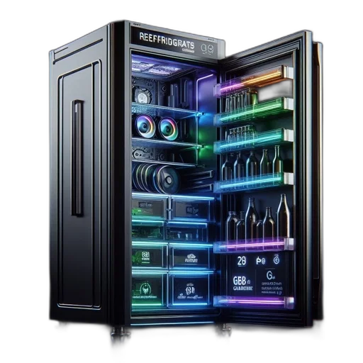 3d render, cyberpunk, futuristic, refrigerator, neon, lights, filled, electronic transparent PNG cut-out