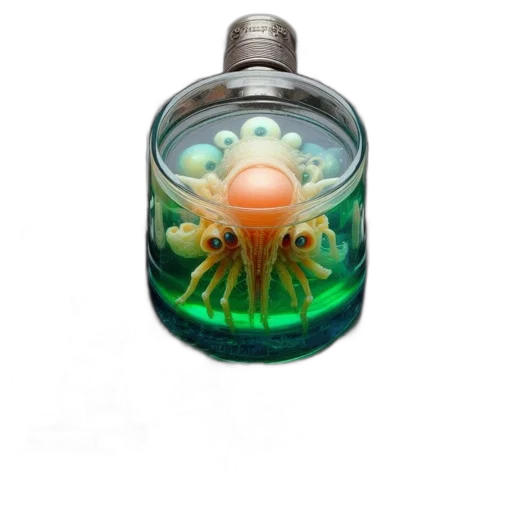 bottle, jewelry, creature, mask, 3d render, concept art, photorealistic, underwater transparent PNG cut-out