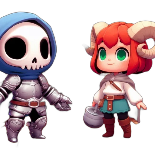 concept art, pixel art, 3d render, fantasy art, two, animated, characters, skeletal transparent PNG cut-out