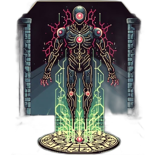 robot, cyberpunk, concept art, pixel art, comic book art, dimly, lit, chamber transparent PNG cut-out