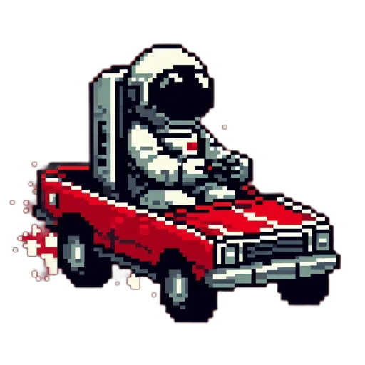 car, robot, pixel art, concept art, cyberpunk, comic book art, outer space, red transparent PNG cut-out