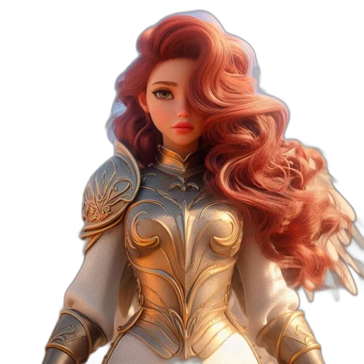 fantasy art, concept art, 3d render, comic book art, golden, armored, lady, red-tinged transparent PNG cut-out