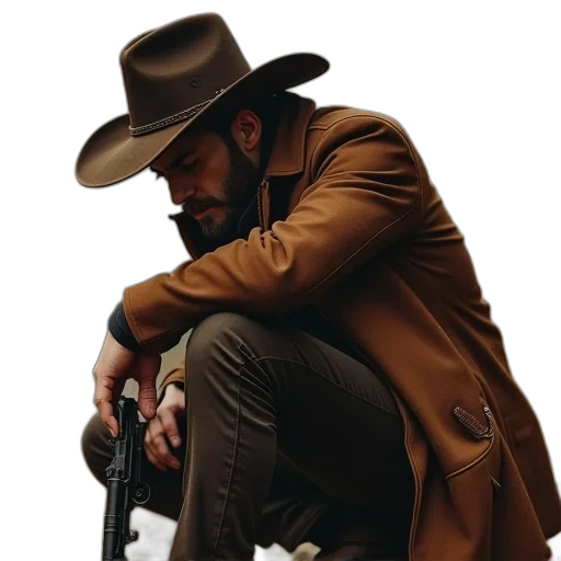 jacket, hat, weapon, concept art, comic book art, photorealistic, man, brown transparent PNG cut-out
