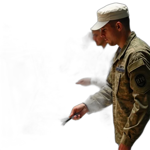 staff, weapon, jacket, photorealistic, concept art, military, cafeteria, scene transparent PNG cut-out