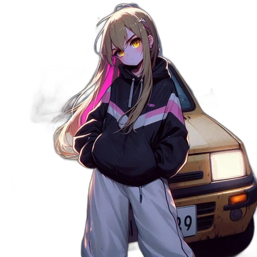 jacket, car, staff, weapon, anime, cyberpunk, pixel art, vaporwave transparent PNG cut-out