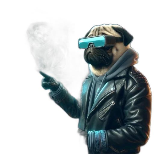 jacket, mask, robot, staff, concept art, cyberpunk, 3d render, vaporwave transparent PNG cut-out