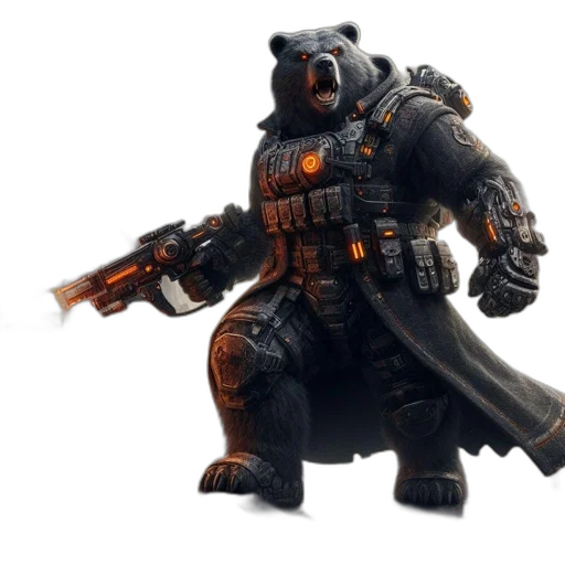 weapon, concept art, 3d render, fantasy art, armored, mechanical, bear, stands transparent PNG cut-out