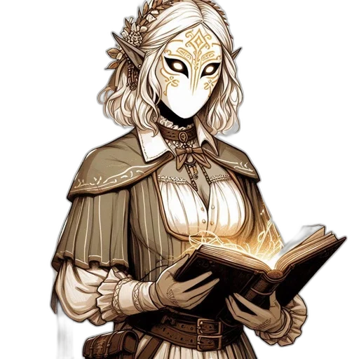 mask, staff, face, dress, concept art, fantasy art, comic book art, watercolor transparent PNG cut-out