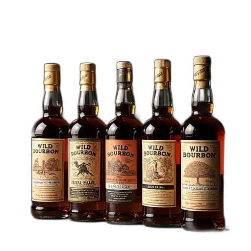 row, five, whiskey, bottles, ornate, labels, dark, amber transparent PNG cut-out