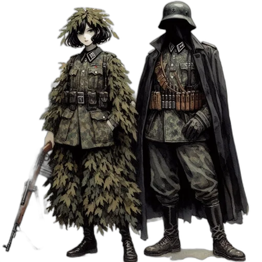 concept art, fantasy art, comic book art, pixel art, monochrome, two, figures, female transparent PNG cut-out