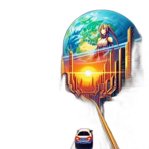 car, concept art, anime, photorealistic, fantasy art, outer space, glowing, sunset transparent PNG cut-out