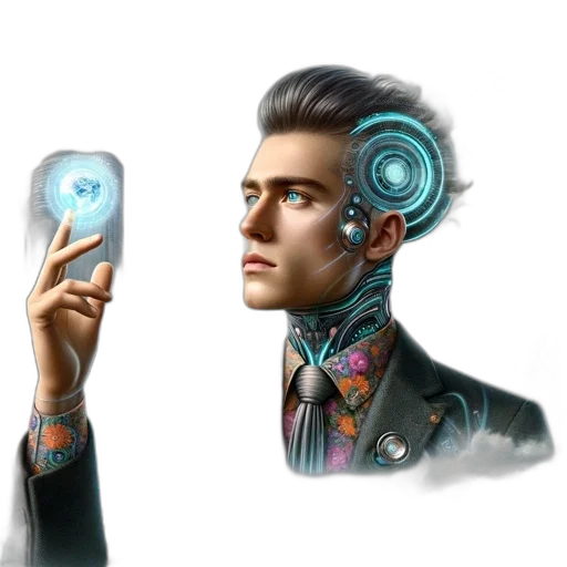 robot, face, jacket, concept art, cyberpunk, fantasy art, photorealistic, blue transparent PNG cut-out