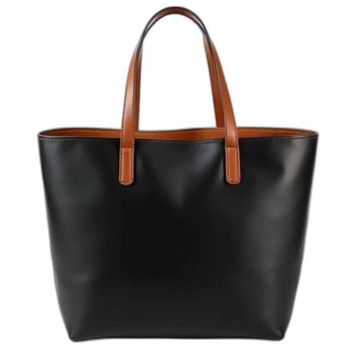 essential, black, leather, tote, bag, brown, handles, contrasting transparent PNG cut-out