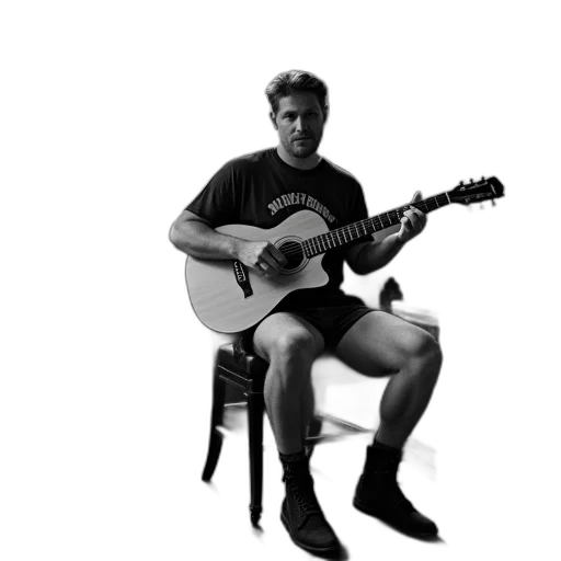 photorealistic, man, sitting, room, guitar, his, hands, wearing transparent PNG cut-out