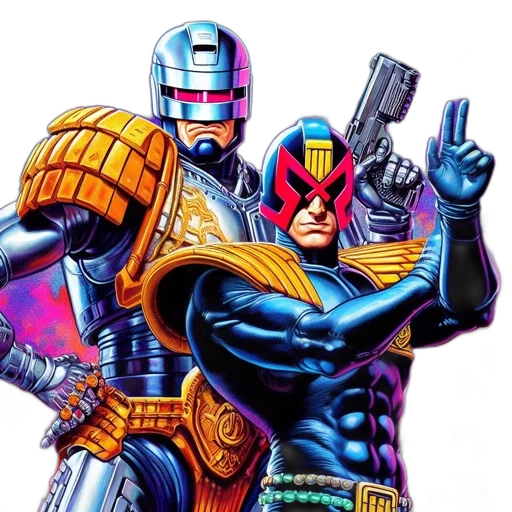 robot, comic book art, concept art, vaporwave, cyberpunk, outer space, two, superhero transparent PNG cut-out