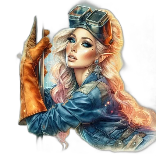 jacket, staff, face, jewelry, fantasy art, comic book art, watercolor, concept art transparent PNG cut-out