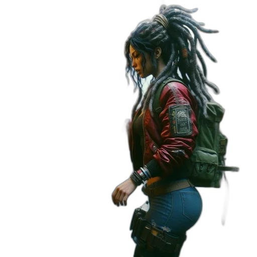 jacket, hair, weapon, cyberpunk, concept art, comic book art, individual, dreadlocks transparent PNG cut-out