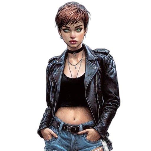 jacket, comic book art, concept art, cyberpunk, photorealistic, intense-gazing, young, woman transparent PNG cut-out