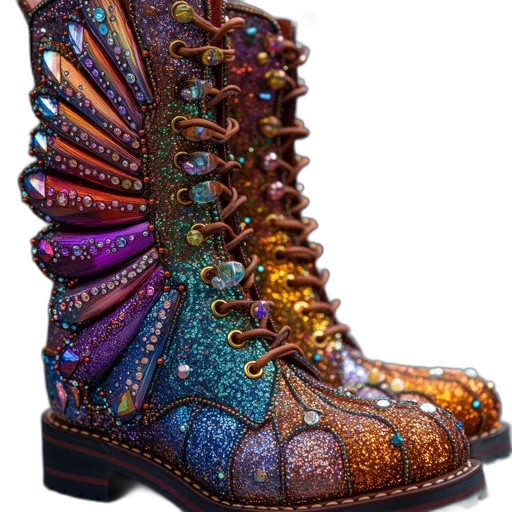 shoes, brightly, colored, glittery, boots, feather-like, extensions, crystals transparent PNG cut-out