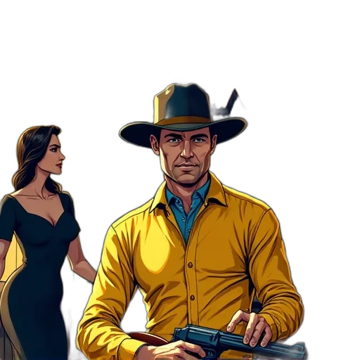 hat, jacket, staff, weapon, comic book art, concept art, fantasy art, cartoon transparent PNG cut-out
