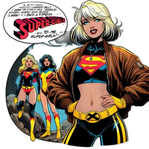 comic book art, concept art, illustrated, scene, features, three, female, superheroes transparent PNG cut-out
