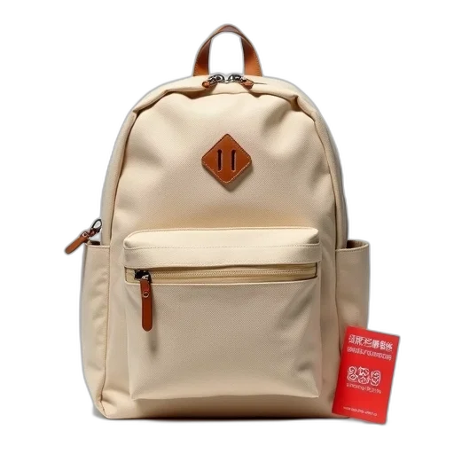 beige, canvas, backpack, front, zipper, pocket, two, side transparent PNG cut-out