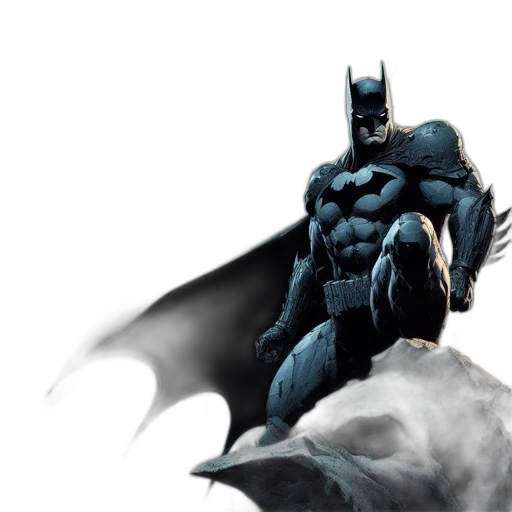 comic book art, concept art, photorealistic, 3d render, batman, dominates, foreground, his transparent PNG cut-out