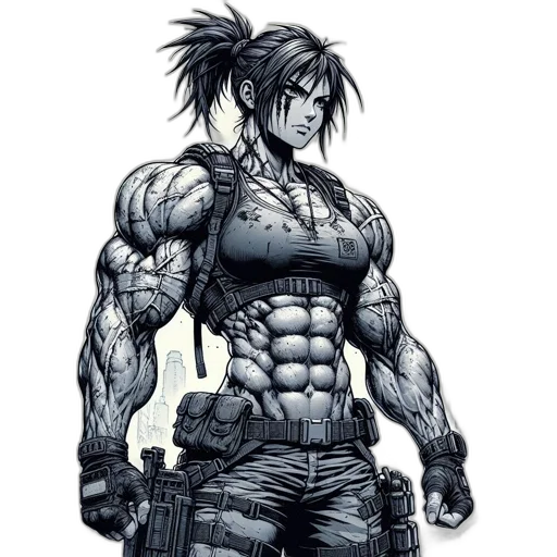 weapon, comic book art, cyberpunk, concept art, fantasy art, strong, tattooed, woman transparent PNG cut-out