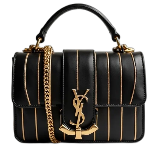 black, gold, striped, handbag, chain, strap, logo, front transparent PNG cut-out
