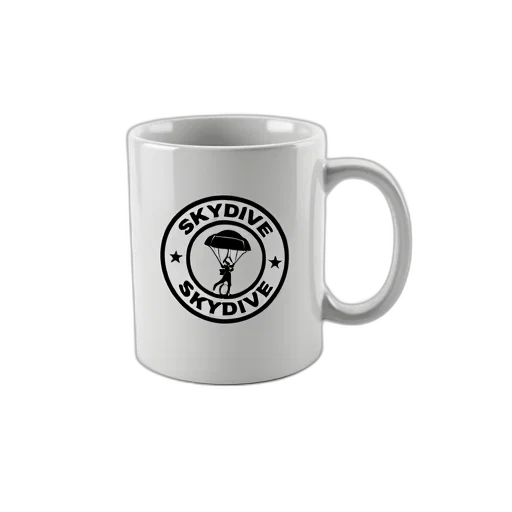 white, coffee, mug, black, logo, design, front, features transparent PNG cut-out
