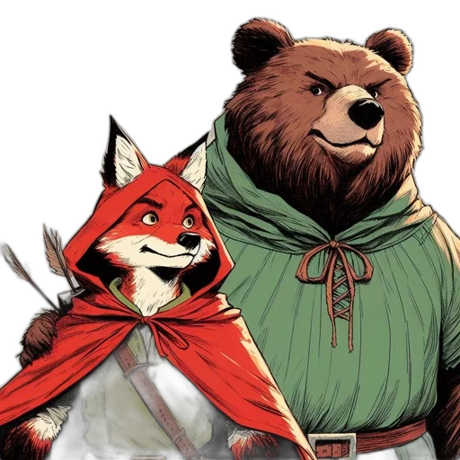 comic book art, concept art, fantasy art, pixel art, red, two, anthropomorphic, animals transparent PNG cut-out