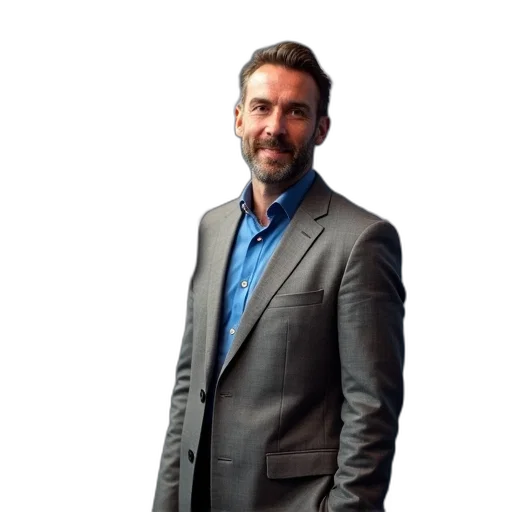 jacket, staff, man, gray, suit, blue, shirt, standing transparent PNG cut-out