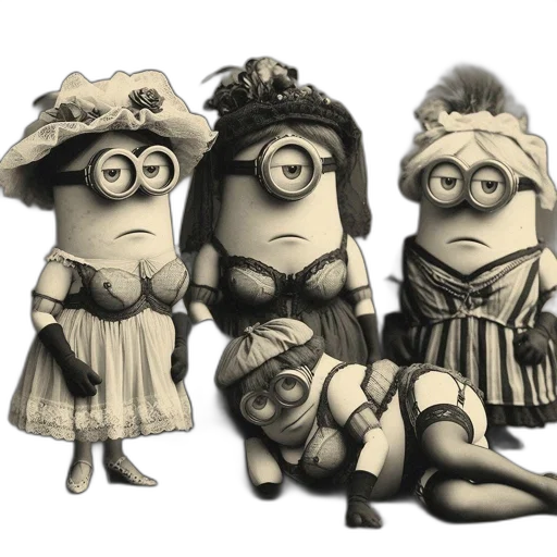 dress, concept art, pencil sketch, 3d render, cartoon, four, minion, characters transparent PNG cut-out